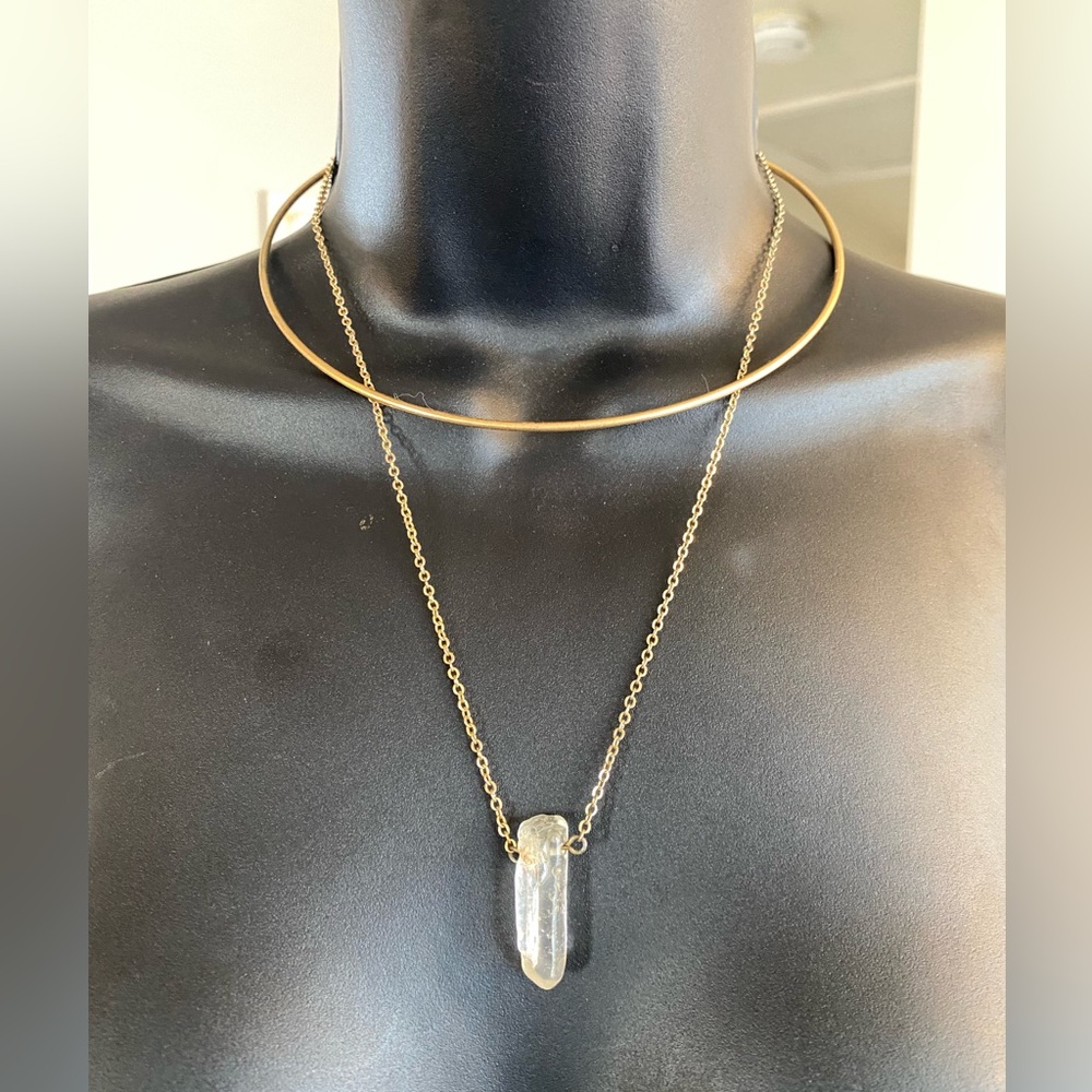 Gold Choker and Clear Quartz Pendant Necklace